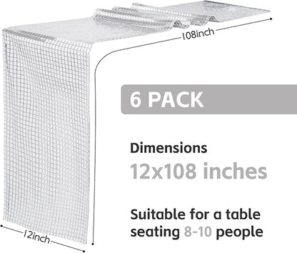 SquarePie Disco Table Runner 6 Pack - Silver Mirror Sequin Glitter Foil Runner for Disco Party Decor Retro 70s 80s Theme, Bachelorette Birthday Dance Decoration 12x108 Inch
