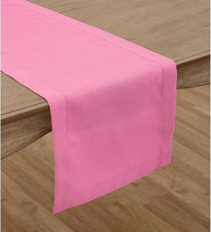 Solino Home Linen Table Runner 36 Inches - 100% Pure Linen Flamingo Pink Hemstitch Table Runner 14 x 36 Inch Ideal for Dresser and Coffee Tables - Halloween - Classic Hemstitch