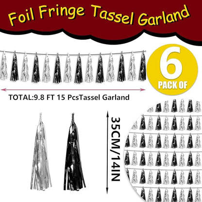 6P Black Silver Foil Fringe Metallic Tassel Streamers Banner Tassel Garland for Parade Floats, Graduation, Wedding, Birthday, Graduation, Christmas, Bridal/Baby Shower Party Decorations