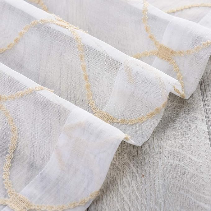 Sheer Curtains Gold 45 Inches, Embroidered Wave Diamond Rod Pocket Voile Drapes for Living room, Bedroom, Window Treatments Semi Curtain Panels for Yard, Patio, Villa, Parlor, Set of 2, 52"x 45".