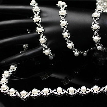 1 Yard Pearl Trim Chain Rhinestone Silver String Crystal Applique Fringe Ribbon Strips Beads Sewing Dress DIY Party Wedding Bouquet for Decoration Bridal Costume Embellishment
