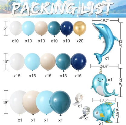 Nautical Balloon Arch Kit,154Pcs Navy Blue Sand White Gold Balloon Garland with Tropical Fish,Whale,Dolphin Foil Balloons for Sea Sailing Nautical Baby Shower Ocean Animals Birthday Party Decorations