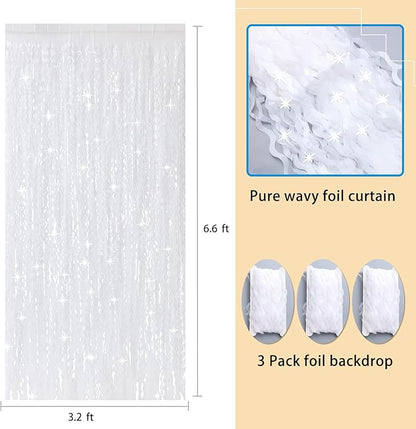 3Pcs Wavy White Metallic Tinsel Curtain Foil Fringe Backdrop,3.3 ft x 6.6 ft Streamer Photo Booth Props for Party Door Wall Curtains Bachelorette Birthday
