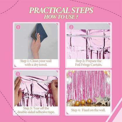 3 Pack Foil Fringe Backdrop - Pink Shiny Tinsel Curtains for Party Decoration/Photo Booth Props - 3.3x8.2 FT Metallic Foil Backdrop for Birthday, Wedding, Graduation, Christmas.