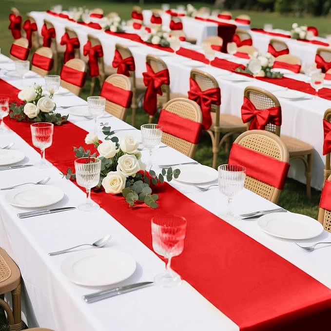 SHEJIZE 20 Pack Red Satin Table Runner 12x108 Inches Long, Bright Silky Smooth Satin Table Runner Table Decor for Wedding Banquet Christmas Prom Event Birthday Party