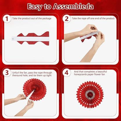 20 Pcs Red Hanging Paper Fan, Hanging Honeycomb Round Paper Fans for Weddings, Birthdays, Christmas, Baby Showers, Classroom, Events Ceiling Party Supplies Decorations
