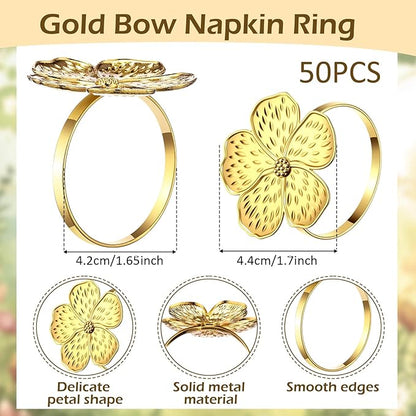 Bokon 50 Pcs Gold Napkin Rings Metal Napkin Holders Rings Bulk for Dining Anniversary Wedding Dinner Birthday Holiday Party Banquet Table Decoration (Flower)