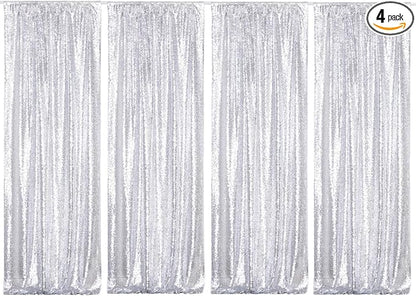 Poise3EHome Silver Sequin Backdrop Curtains,4 Panels 2FTx8FT Glitter Background for Party Birthday Party Baby Shower Wedding Christmas Thanksgiving Halloween Holiday Festival Decor