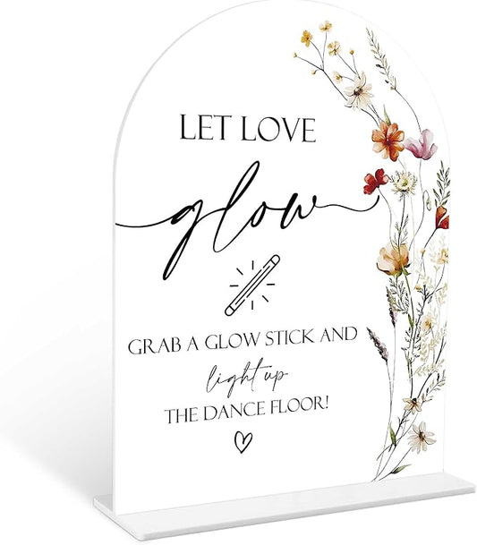 Boho Floral Let Love Glow Sign, 6 x 8 Inch White Arch Acrylic Wedding Sign with Holder, Wedding Sign for Ceremony and Reception, Wedding Decoration, Wedding Supplies - BX13
