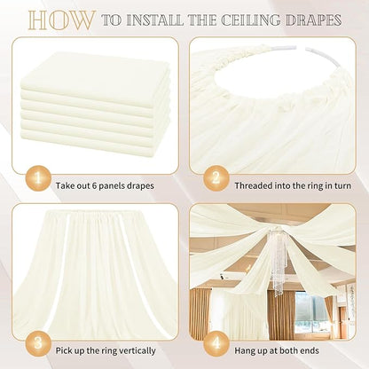 6 Panels Ivory Ceiling Drapes for Wedding 5ftx40ft Sheer Drapery Chiffon Fabric Arch Draping Curtains for Party Ceremony Birthday Baby Shower Reception Stage Ceiling Decorations