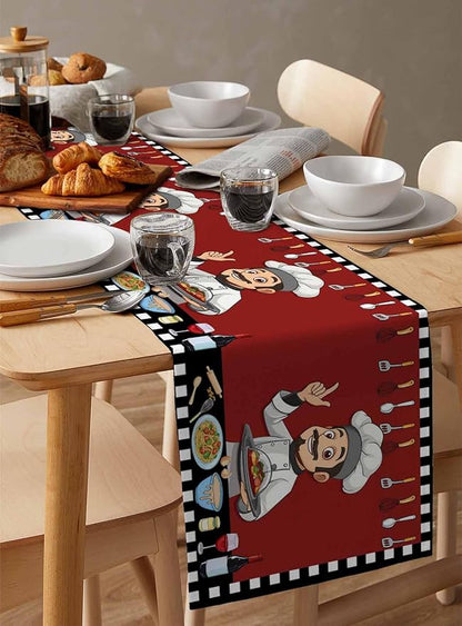 Red Chef Gourmet Cotton Linen Table Runner for Dining Kitchen, Wedding Outdoor Party Tablerunners Decoration, Black White Check Plaid Funny Kitchen Dresser Scarf Coffee Tablecloth Runners 13''x108''