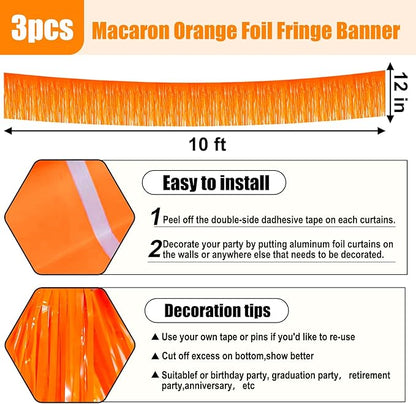 3 Pack 10 Long Macaron Orange Metallic Foil Fringe Garland Wall Hanging Tassle Banner, Mother's Day, Easter, Parade Floats, Birthday, Theme Party, Wedding Party Decorations
