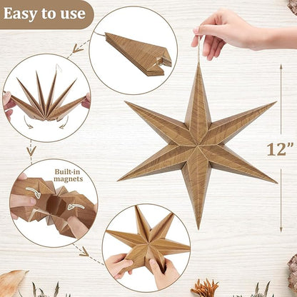 EASY JOY 5 Pcs Wood Grain Paper Star Lanterns 6-Pointed 12 Inch Christmas Hanging Lamp Rustic Paper Decorations Vintage Christmas Home Hanging Decoration for Xmas Tree Wedding Birthday Party Decor
