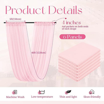 6 Panels Pink Ceiling Drapes for Wedding, 5ftx40ft Ceiling Drapes Cheesecloth Sheer Fabric Curtain Wedding Arch Draping Fabric Romantic Ceilings Decorations for Weddings Party Ceremony Stage