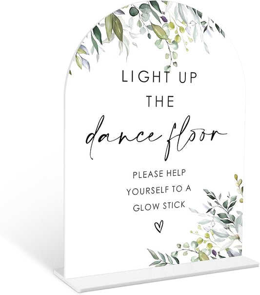 Greenery Glow Stick Sign, 6 x 8 Inch White Arch Acrylic Wedding Sign with Holder, Wedding Sign for Ceremony and Reception, Wedding Decoration, Wedding Supplies - LY22