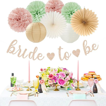 Sage-Green Pink-Beige Bridal-Shower Party-Decorations - 36pcs Bride To Be Banner,Bachelorette Paper Lanterns,Neutral Wedding Streamers Garland,Boho Tissue Pom Poms Flower Fan Decor Supplies Burgleda