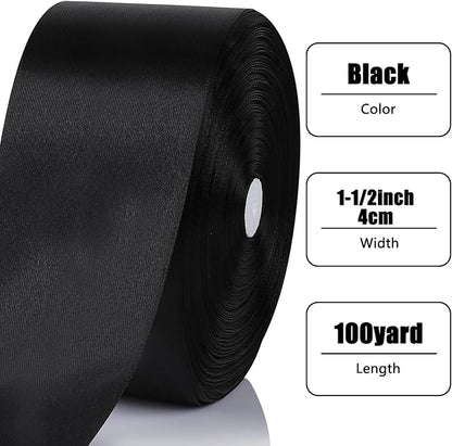 NESCCI 100 Yards Ribbon,1-1/2 Inch Black Satin Ribbon,Single Face Satin Ribbons,Perfect for Gift Wrapping,Wedding Decoration,Handmade Bows,Wrapping Bouquet,Halloween, Christmas