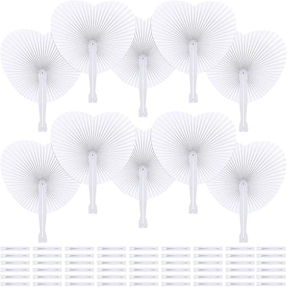 Aodaer 72 Pack Heart Shaped Folding Fans White Paper Fans Handheld Fans with Plastic Handles for Party, Wedding, Anniversary Decoration