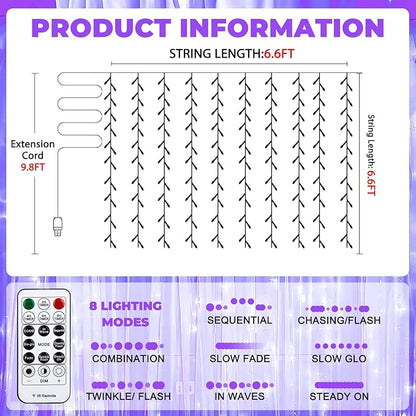 Curtain Light for Bedroom, 200LED 6.6x6.6ft Purple Window Wall Hanging Fairy Curtain String Light, 8 Modes Remote Fairy String Lights Indoor for Wedding Party Home Garden Decorations