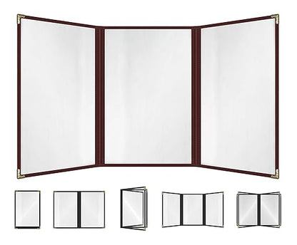 Goodsmart Restaurant Menu Covers – 25 Pack Burgundy 6-View Trifold 8.5" x 14", Side-Loading Vinyl & Plastic Menu Holders, Clear Menu Sleeves, Leather-Style Café Covers with Gold Corners