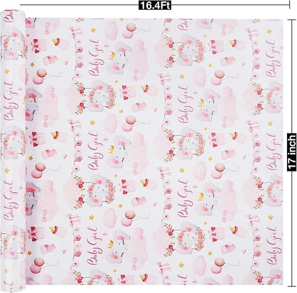 Aimyoo Pink Baby Shower Wrapping Paper Roll - 17 Inch X 16.5 Feet - Cute Elephant with Baby Girl Letter Design Perfect for Girls, Birthday, Party