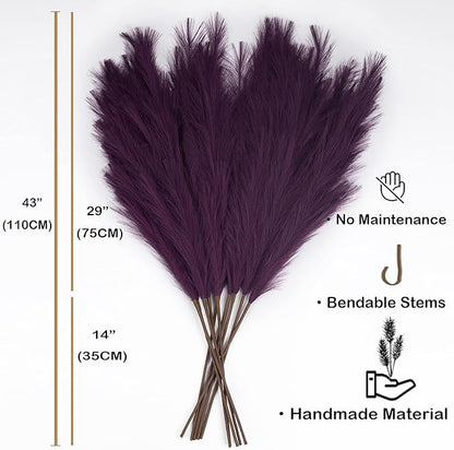 EVODIS Pampas Grass Decor Tall, 43"/110cm Faux Pampas Grass 6 Stems Large Pompass Grass Branches Tall Bulk Boho Flower Arrangement for Home Room Wedding Party Decor(Purple)