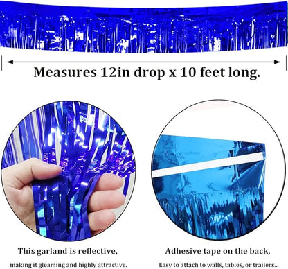 6 Pack Royal Blue Total 60 Feet Foil Fringe Garland Metallic Tinsel Banner Wall Hanging Drapes Parade Float Skirting Decorations for Trailer Mardi Gras Party Birthday Wedding