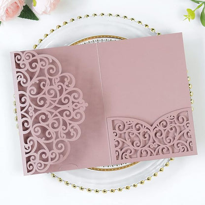 PONATIA 5.12 x 7.2 Dusty Rose Laser Cut Wedding Invitations, 5x7 Trifold Laser Cut Invitation Pockets with Envelopes for Wedding Bridal Shower Engagement Quinceanera Invitations (20PCS No Inner Sheet)