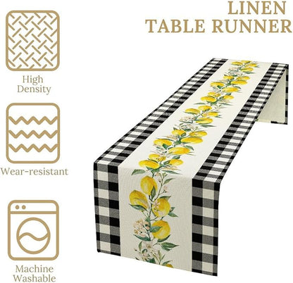 Lemon Table Runner,Black Buffalo Plaid Lemon Table Runner Farmhouse Style Spring Summer Home Kitchen Dinding Room Table Decoration 13x120 Inch