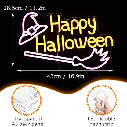 Happy Halloween Neon Sign Witch Hat Neon Sign Dimmable Broom Led Wall Decor Neon Lights Halloween Decorations for Home Spooky Party Kids Room