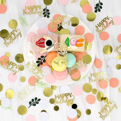 300PC Pink and Sage Green Happy Birthday Confetti for Table Boho Birthday Decorations for Women/Girl Round Dots Eucalyptus Table Scatters Party Supplies