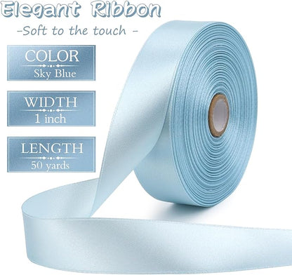 Sky blue Solid Satin Ribbon 1 Inch 50 Yards Solid Polyester Fabric Ribbon for Gift Wrapping Wedding Christmas Baby Shower Birthday Party Decoration Handmade Immortal Flower Craft