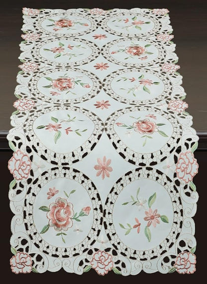 Creative Linens Embroidered Pink Rose Daisy Floral Table Runner Dresser Scarf 15x33 Ivory Spring