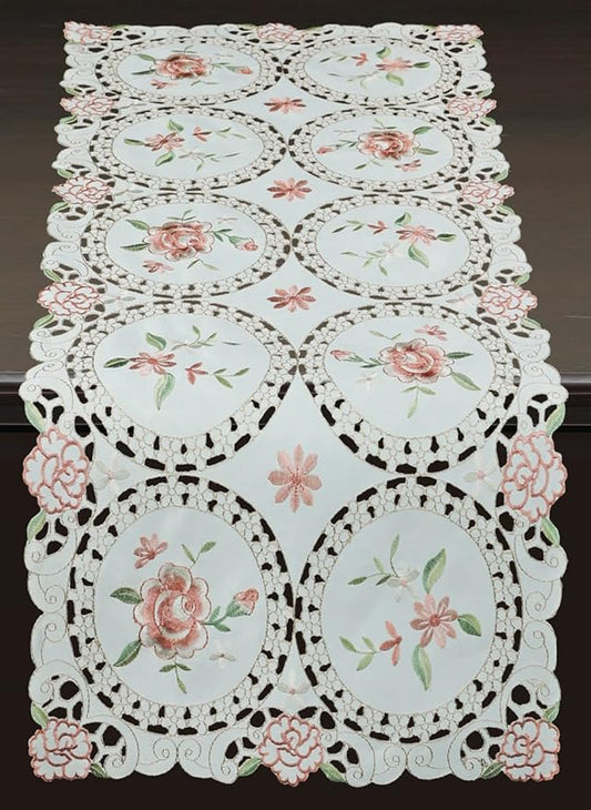 Creative Linens Embroidered Pink Rose Daisy Floral Table Runner Dresser Scarf 15x33 Ivory Spring