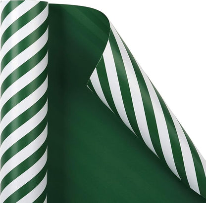WRAPAHOLIC Reversible Wrapping Paper - Mini Roll - 17 Inch x 33 Feet - Dark Green and Stripes Design for Christmas, Birthday, Holiday, Wedding, Baby Shower
