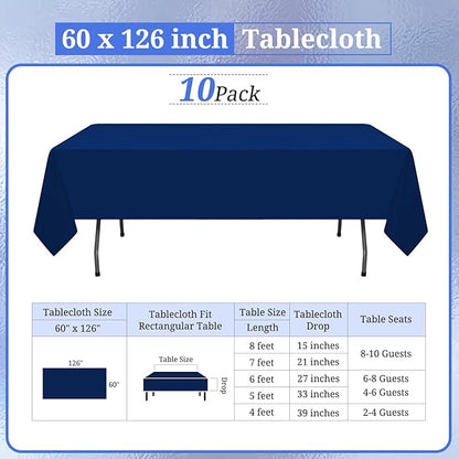 10 Pack Navy Blue Tablecloths for 8ft Rectangle Tables 60 x 126 Inch - Polyester Table Cover Stain and Wrinkle Resistant Washable Fabric Table Clothes for Wedding Party Banquet Reception Restaurant