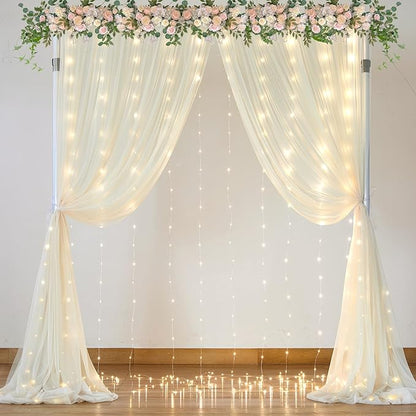 Ivory Tulle Backdrop Curtains with Lights String for Parites Wedding 10×10ft Sheer Backdrop Curtains for Baby Shower Birthday Party Photo Shoot Background Decorations