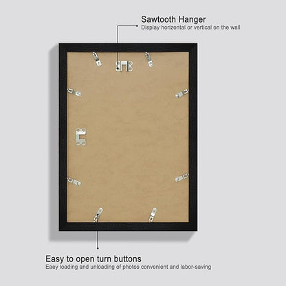 10x14 Picture Frame Set of 4 with Tempered Glass, Black Frame Display 8x12 Picture with Mat or 10 x 14 Without Mat, Rustic Wood Photo Frames for Horizontal or Vertical Wall Mounting