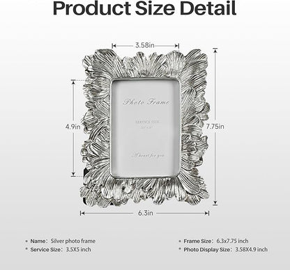 Silver 3x5 Picture Frame, Vintage Silver Palm Leaves Textured Hand-Crafted Resin with Glass Front, Small Frames Elegant Retro Rustic Design for Wall and Tabletop Display Home Decor