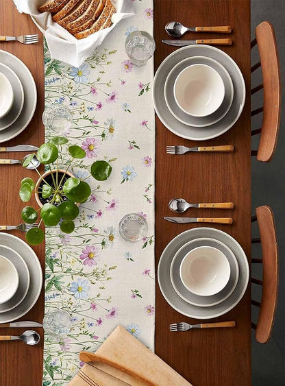 Vintage Wildflowers Cotton Linen Table Runner for Dining Kitchen, Wedding Outdoor Party Tablerunners Decoration, Farm Floral Pink Botanical Plants Dresser Scarf Coffee Tablecloth Runners 13x90 Inches