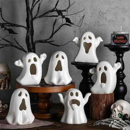 Wesiti 6 Pcs Ceramic Ghost Light up Halloween Decorations Indoor Small White Ghost Figurines Gothic Home Decor Spooky Statue Gift for Desk Tabletop Centerpieces Party Props