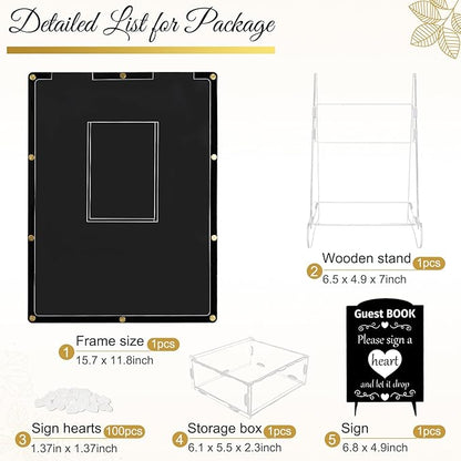 AerWo Wedding Guest Book Alternative, Acrylic Guest Book Wedding Reception Wedding Heart Guest Book Drop Box with Picture Frame,100 Acrylic Hearts,Wedding Signs for Graduations Baby Shower Anniversary