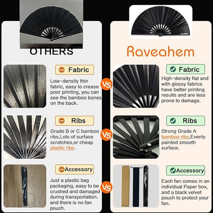 13" Large Rave Fan Bamboo, Folding Clack Hand Fans Foldable for Men Women, Boots on the Ground Poping Fan for EDM Festival Line Dance Decoration, (Black2, Large 13")