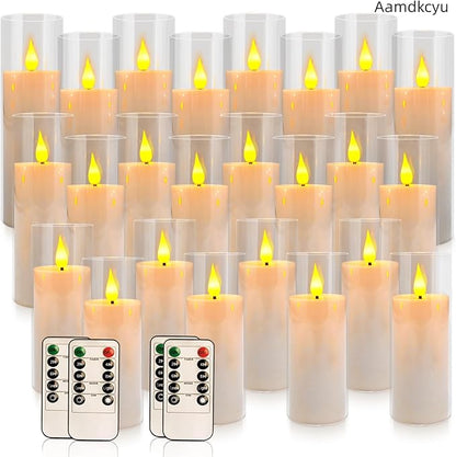 24-Pack Premium Flameless LED Candles - Elegant White & Clear Acrylic Pillar Design with Realistic Flickering Flame, Remote Control & Timer for Weddings, Christmas, Halloween & Home Decor