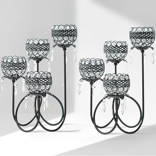 4 Arms Crystal Candelabra Tealight Holder - Tall 15.7 Inch Elegant Centerpiece with Crystal Pendant Bowls & Artistic Metal Stand for Wedding, Dining Table, Home Decor (2, Black)