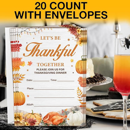 Thanksgiving Party Invitations, Fall Pumpkins Friendsgiving Thanksgiving Dinner Party Fill in Invites Cards With Envelopes (20 Count) Double Sided Design, Let's be Thankful Together