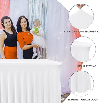 Nasitos White Table Skirt for 8 Foot Rectangle Tables, 2 Pack - 96 x 30 Inch - Stretch Spandex Fitted Table Clothes, Fabric Table Covers Cocktail Tablecloths for Party, Banquet, Birthday