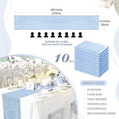 Glitter Sequin Table Runners 10 Pieces 12x108 Inchs Baby Blue Elegant Wedding Sparkly Table Runner Birthday Bachelorette Celebration Decorations Supplies