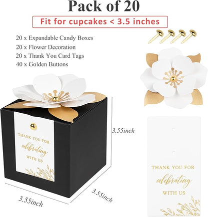 FEIYI 20 PCS Black Gift Boxes, 3 In 1 Favor Boxes with Floral Decor, White Thank You Tags Cupcake Containers Gift wrapping for Wedding, Baby Shower, Birthday, Decorations Party - 3.55x3.55x3.55