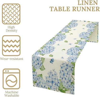 Watercolor Hydrangea Flower Table Runner, Spring Summer Seasonal Plants Butterfly Blue Dinner Runner for Home Kitchen Dining Table Party Holiday Decoration 13"x70"
